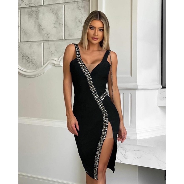 Vestido midi elegante e sexy - preto