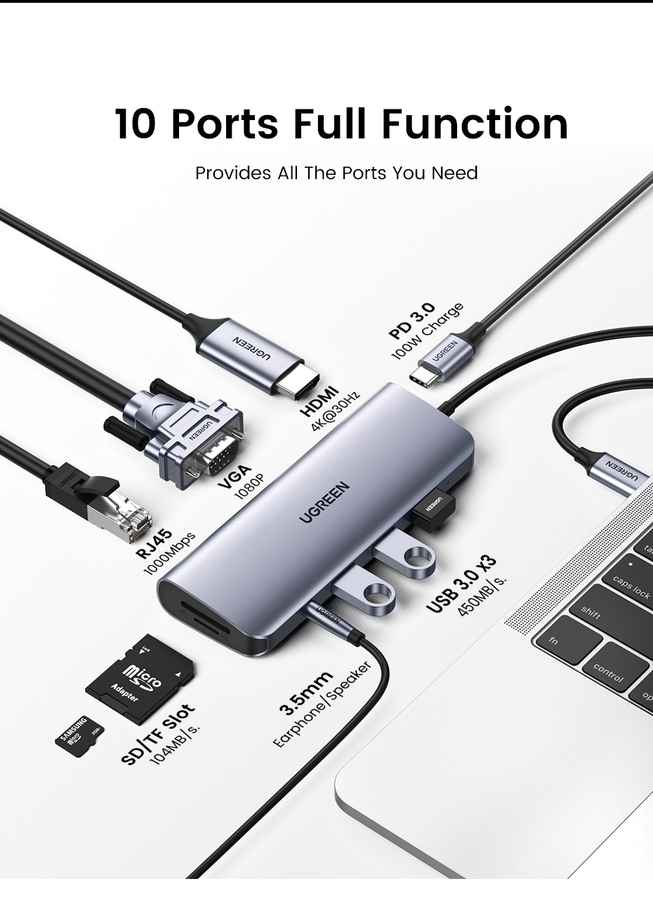 UGREEN USB C Hub 10 Em 1 Type Com Ethernet 4K Para HDMI VGA PD Power ...