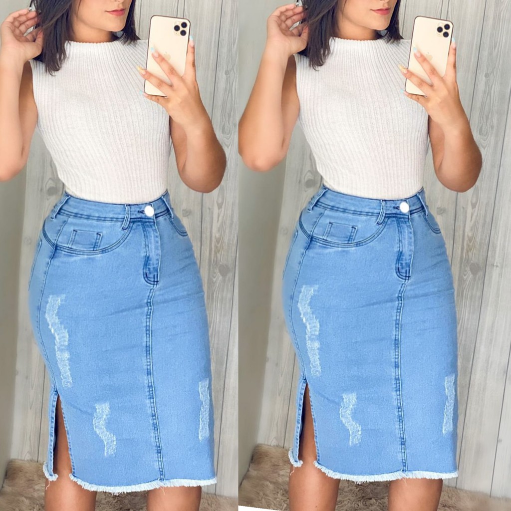 Saia Jeans Midi Moda Evangélica de alto padrão e beleza com