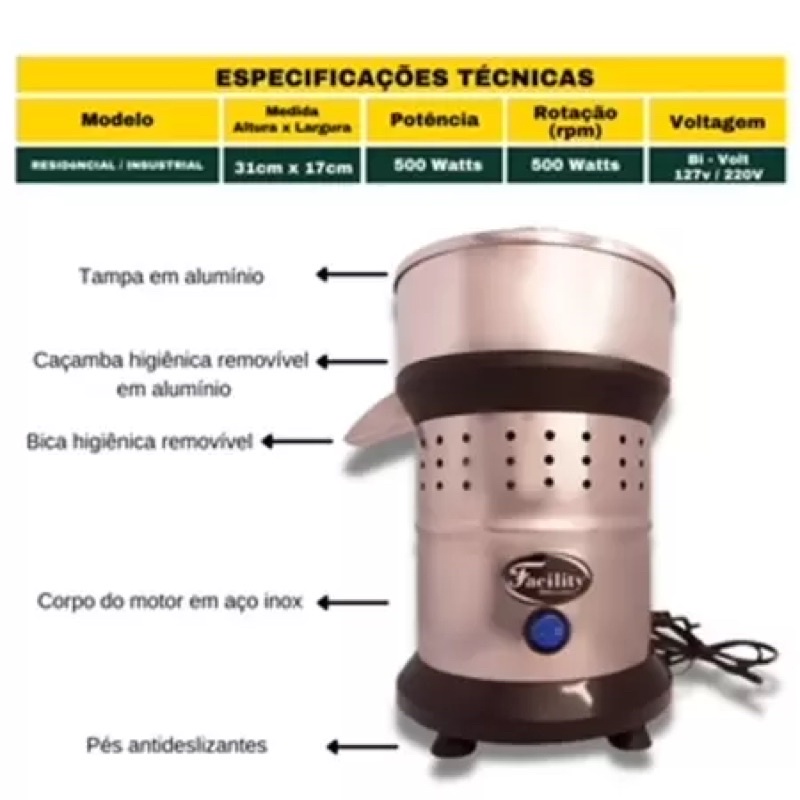 ESPREMEDOR DE SUCO DE LARANJA E LIMAO INOX 500W - FACILITY