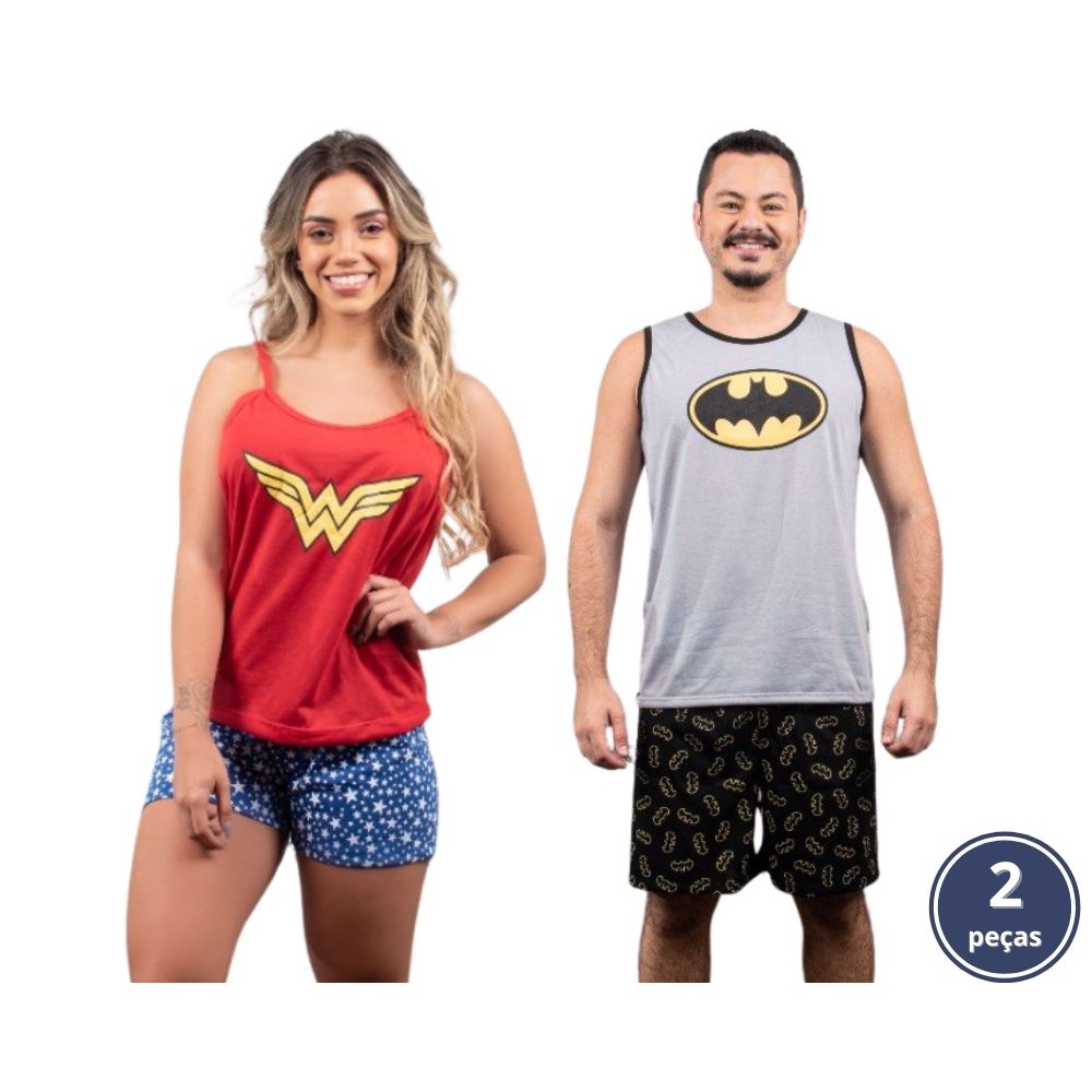 Kit 2 Pijamas Adultos Casal Mulher Maravilha Batman