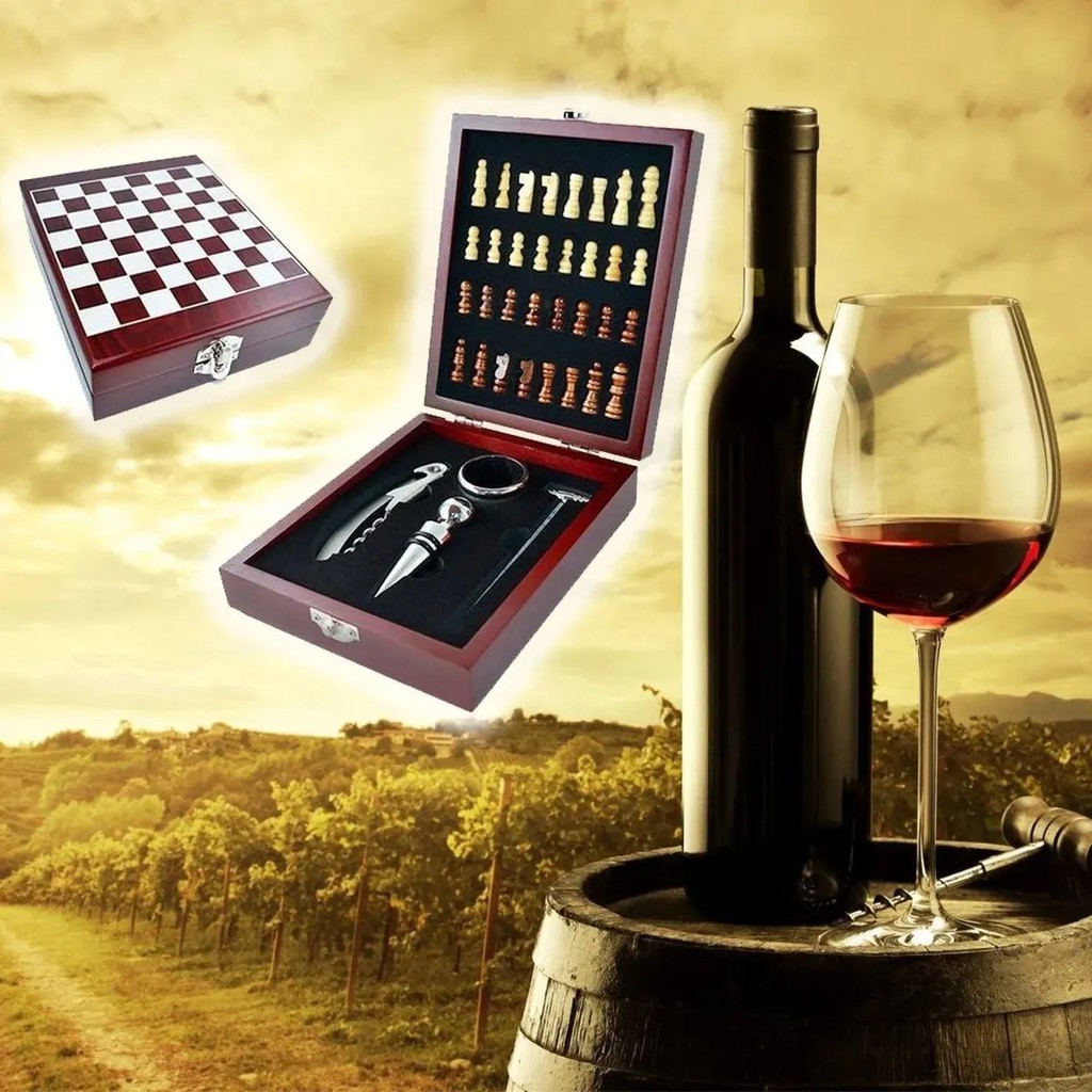 Kit Saca Rolha Abridor de Vinho Profissional e Acessórios Premium +  Tabuleiro e Peças Xadrez - Estojo