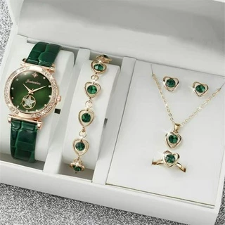 6pcs /Set Relógio Feminino Relógio de Luxo Diamante de Água Relógio Inglês Retro Star-Shaped Simulation Wrist Watch and Jewelry Set, Presente para a Mãe