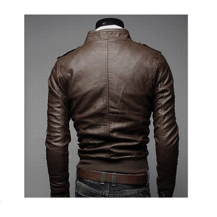 Men's Stand Collar Leather Jacket Motorcycle Lightweight Faux