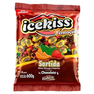 Bala Ice Kiss sortida CHOCOLATE com recheio de Menta, Morango e Tangerina 600 gramas
