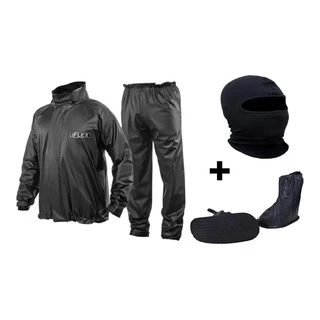 Kit Capa Chuva Jaqueta Calça Delta Flex Pvc + Polaina Galocha + Toca Capuz Ninja Balaclava Frio Preta