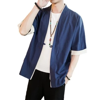 Summer Men's Linen Kimono Cardigan Casacos De Linho Roupa Exterior Moda Streetwear Soltos Casuais Masculinos