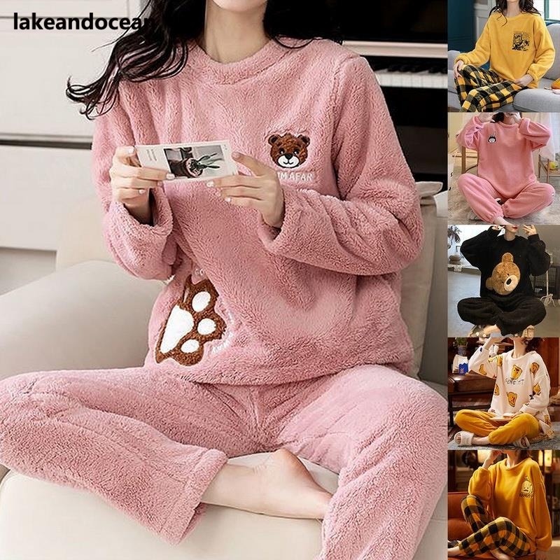 2022 Conjunto de pijama feminino De Flanela Grosso Longo Outono/Inverno ...