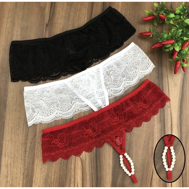 Kit 3 Calcinha Tailandesa Fio Sexy Pérolas Massageadora Sensual Lingerie Renda Luxo Feminina 8337