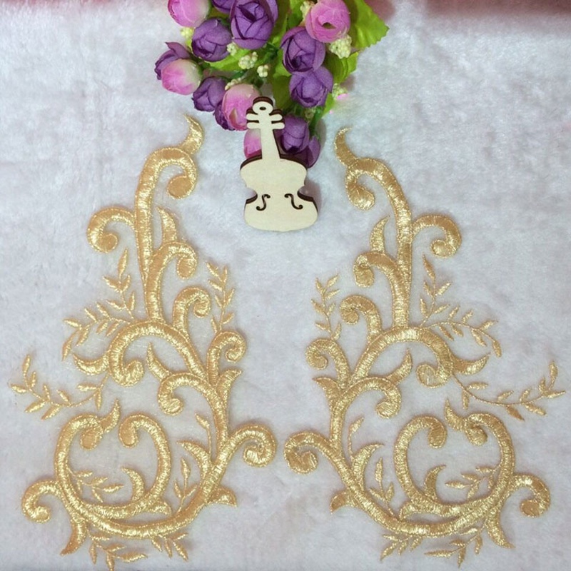 1 Par De Pares De Champanhe Renda De Ouro Apliques De Patch De Flores Costura Decoração De Casamento