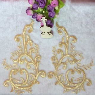 1 Par De Pares De Champanhe Renda De Ouro Apliques De Patch De Flores Costura Decoração De Casamento
