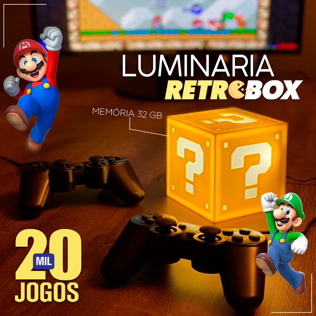 Luminária Retrobox cubo do Mario com 20 mil jogos