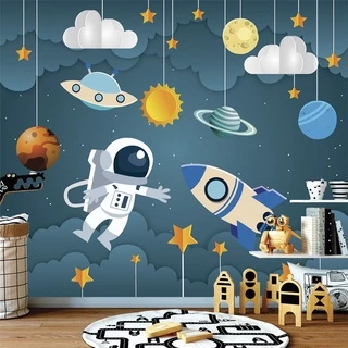 Papel de Parede Personalizado Foto Mural Infantil O Astronauta E Seus Planetas M² Imagem Completa