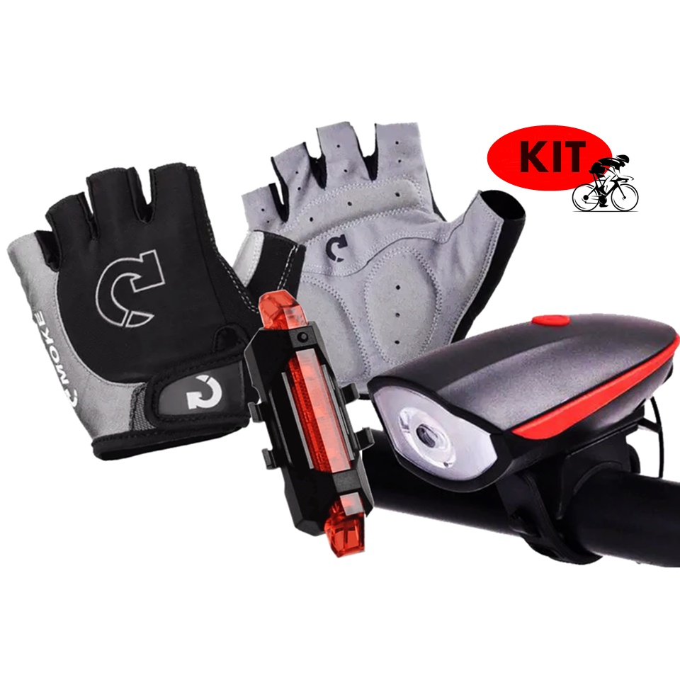 Kit Farol Led Buzina Bike + Led Sinalizador traseiro Bike + Luva Gel Bike