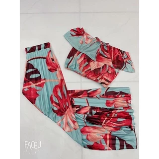 Conjunto saia plissada feminina evangélica Saia Longa mais Cropped Verão Folha cod 014