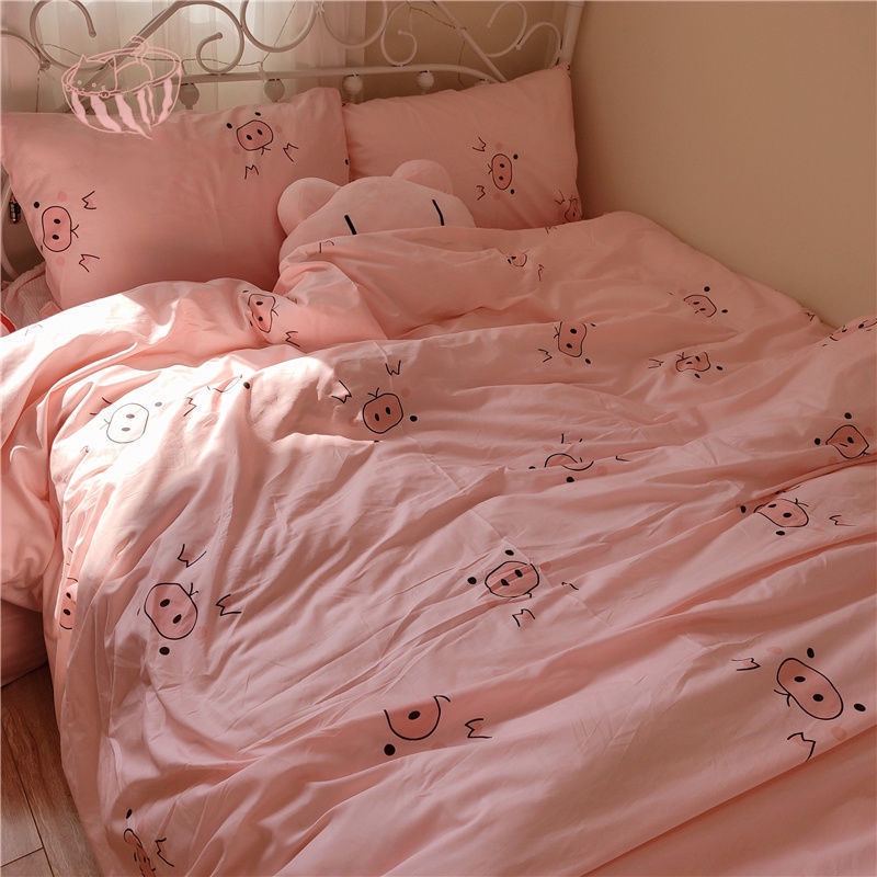Dormitório de estudante menina porco rosa de três peças conjunto de colchas, lençóis, roupa de cama de quatro peças, casa dupla