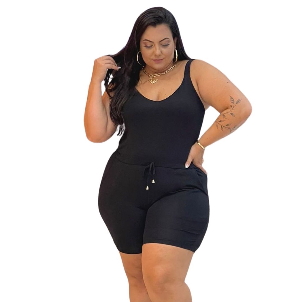 Macaquinho Feminino Plus Size Macacão Malha Elastano Viscolycra