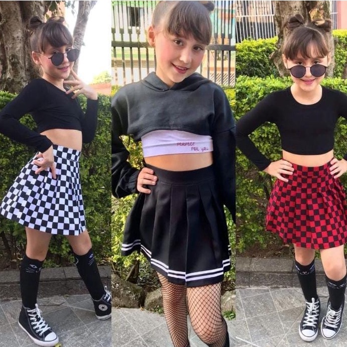 Conjunto de 2 peças de roupa Kawaii infantil infantil com babados, sem  mangas, xadrez, com botão e alça de botão 