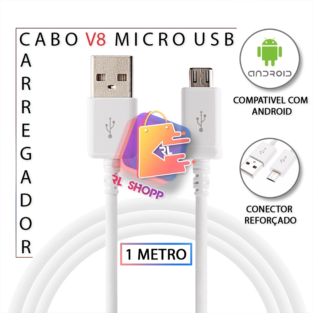 Cabo Celular V8 micro USB 1 metro Android | Shopee Brasil