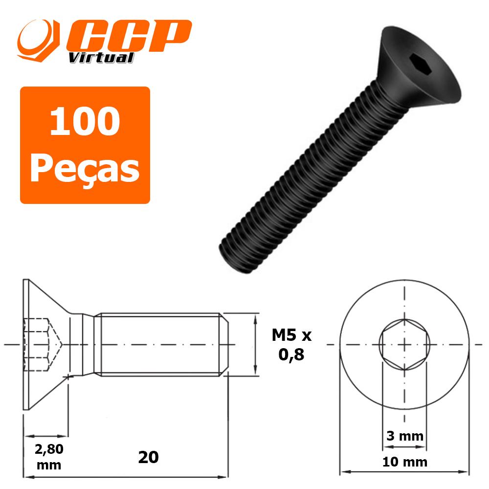 Parafuso Allen Aço Liga Cabeça Chata M5 x 20 - 100 Peças