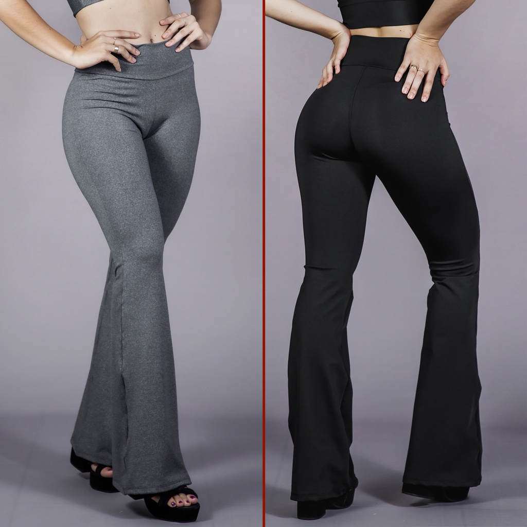 Calça Legging Flare Bailarina Cós Cintura Alto Cinza Mescla no