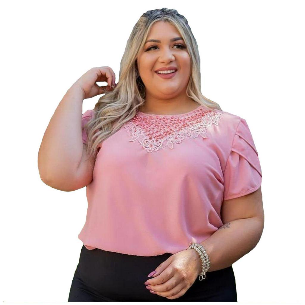 Blusa Plus Size com Recorte e Manga Pétala em Crepe Best Size - E