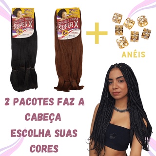 Kit 2 Pacotes Cabelo Super X Jumbo Jumbão 400 Gramas Fibra Especial Para Tranças + Anéis de Enfeite
