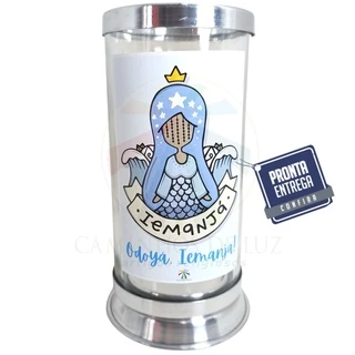 Porta Vela 7 Dias Iemanja Vidro Resistente Forte Antichama Orixá Umbanda Candomblé Base de Alumínio