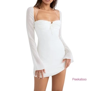 Pkb-Vestido Feminino De Manga Comprida Com Alças Ajustáveis De Cor Lisa Ver Através De Malha De Verão