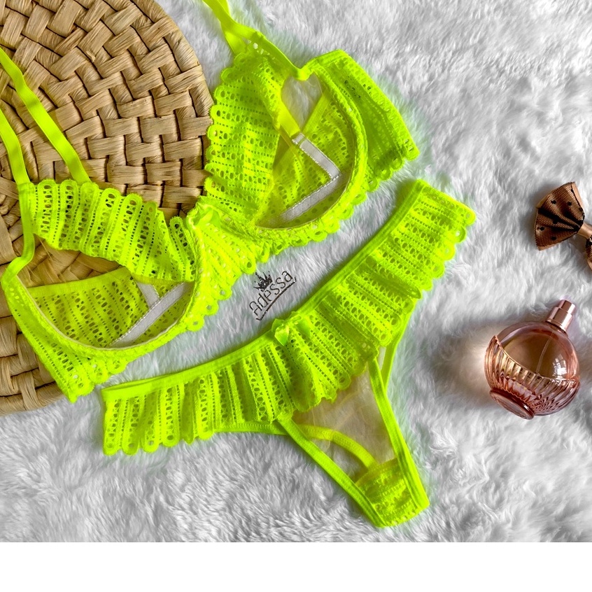Conjunto Lingerie Rebeca invisível Sex Sensual Neon Luxo Calcinha E Sutiã Transparente CJTR014