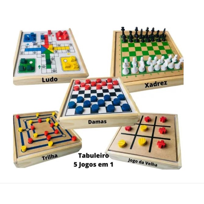 Jogo de Xadrez e Dama Brinquedo Educativo com Tabuleiro de Madeira