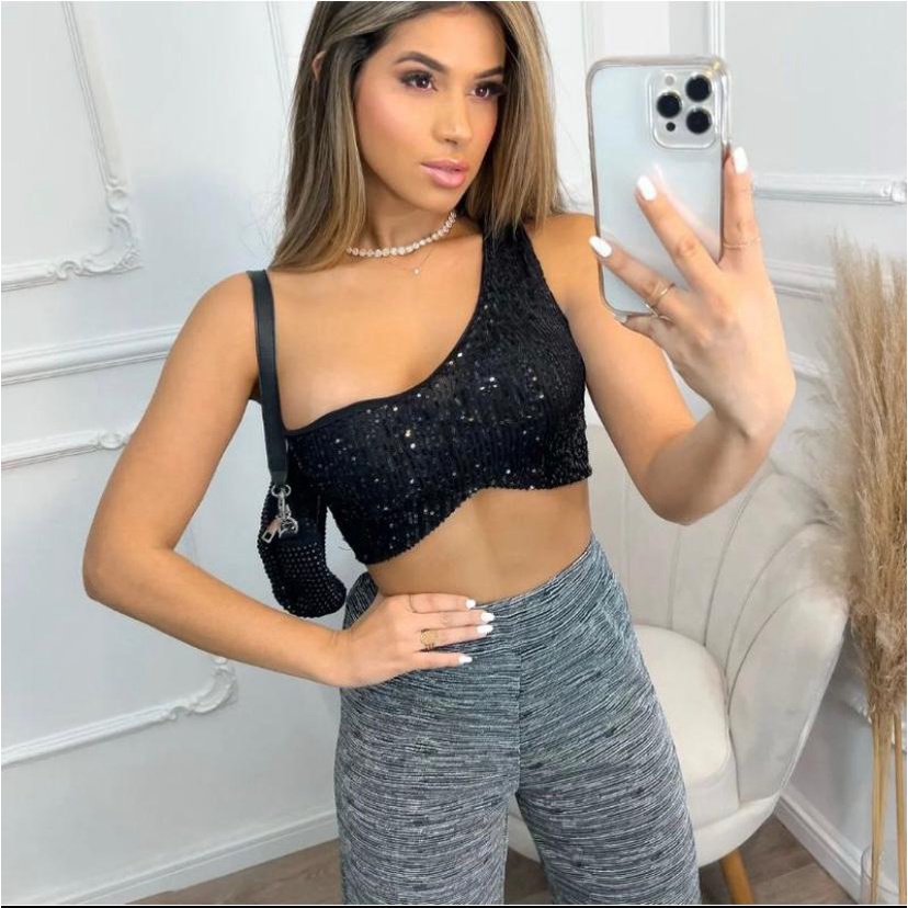 Cropped Paetê Top Alça Única Moda Feminina Têndencia
