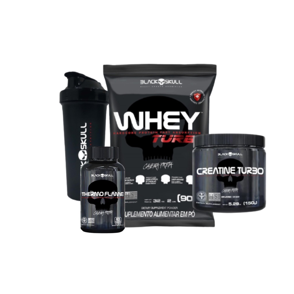 Kit Suplemento Whey Turbo 907g + Creatina 150g + ThermoFlame 60 tabletes + Coqueteleira 600ml – Black Skull