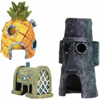 Kit Enfeites De Aquário Fenda Do Biquíni Bob Esponja 3 Casas