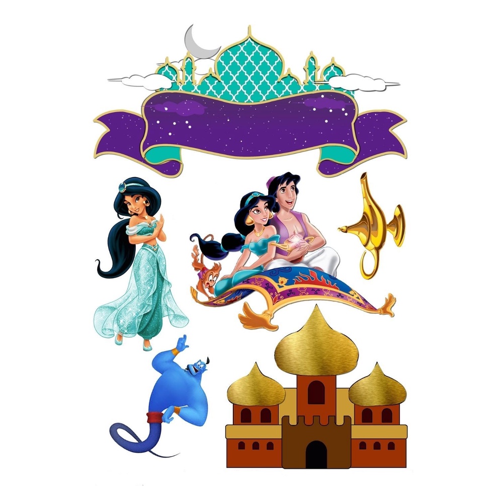 Topo de Bolo Jasmine e Aladdin Personalizados e Toppers para Cupcake ...
