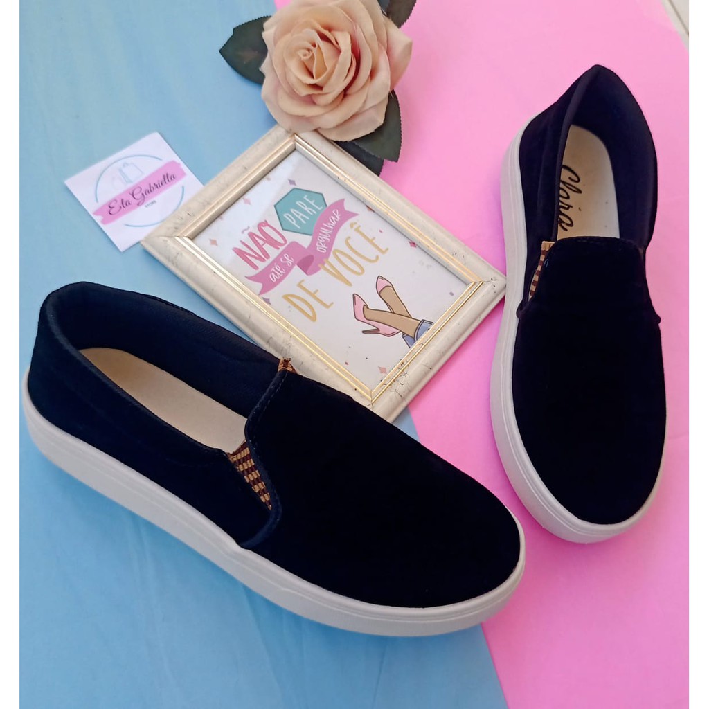 SLIP-ON FEMININO CASUAL CONFORTÁVEL CAMURÇA PRETO/CARAMELO TAM 38