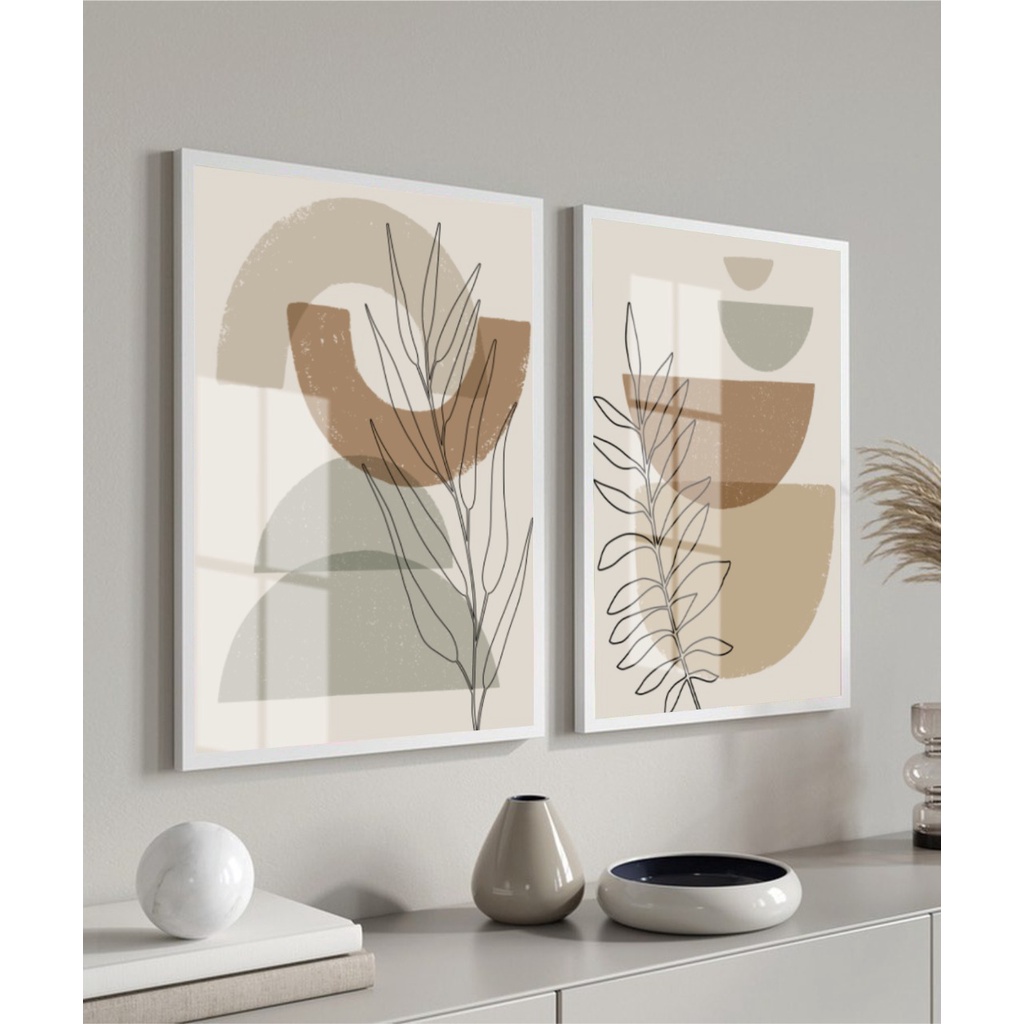 Kit 2 Quadros Tons Bege/Flores Minimalista Moldura E Vidro Para Sala ...