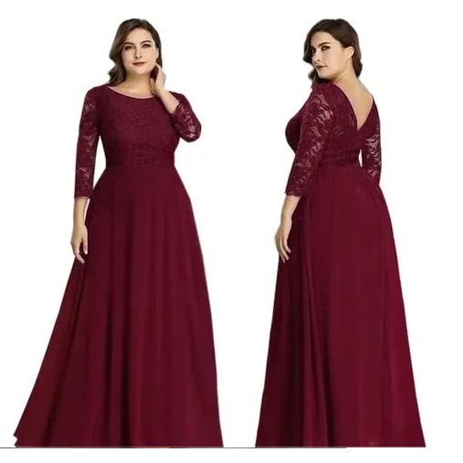 Vestido de festa plus size longo liso, detalhe nas mangas- Marsala