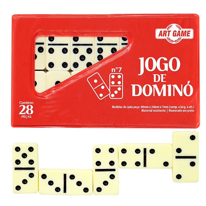 Jogo Dominó branco com pontos pretos 28 pcs 10 mm no estojo