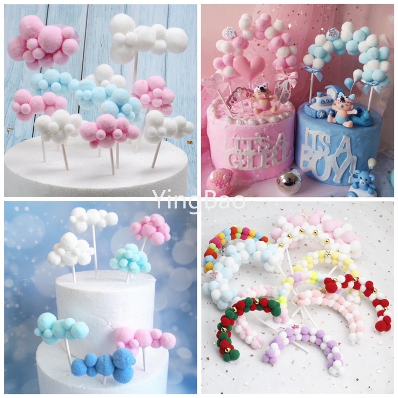 Topo De Bolo De Feliz Aniversário Colorido Arco-Íris Unicórnio Bola De Algodão Topper Para Decoração pompom