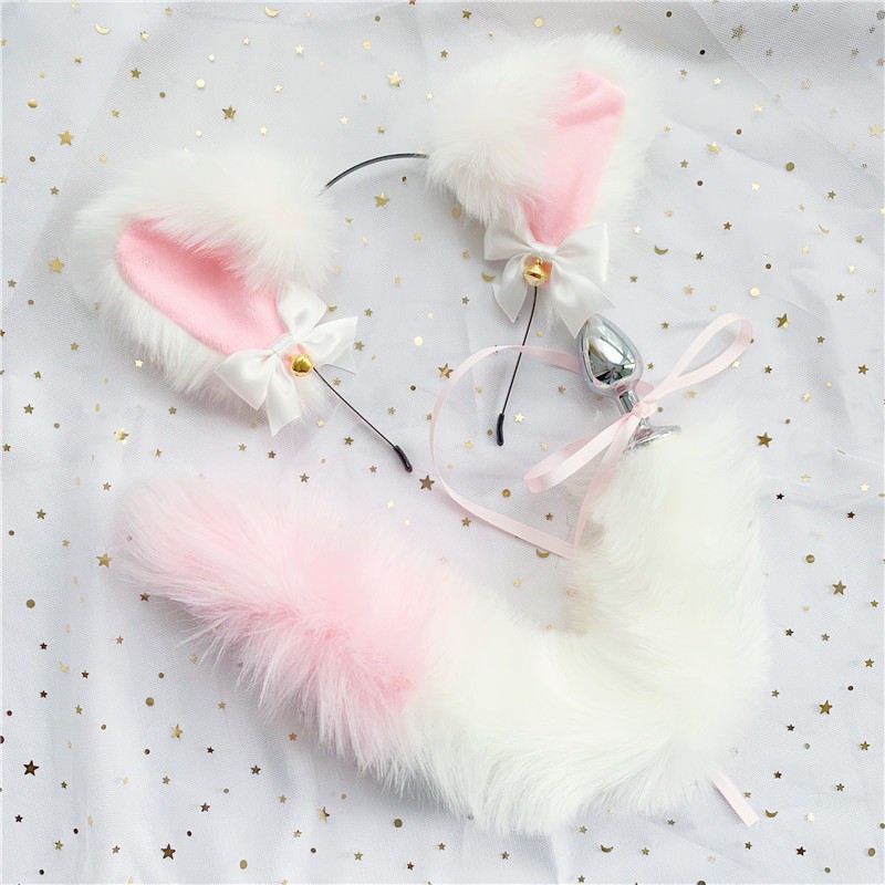 Kit Orelhas Gatinho Plug Anal Rabo Cauda Branco Fofo Sexy Cosplay