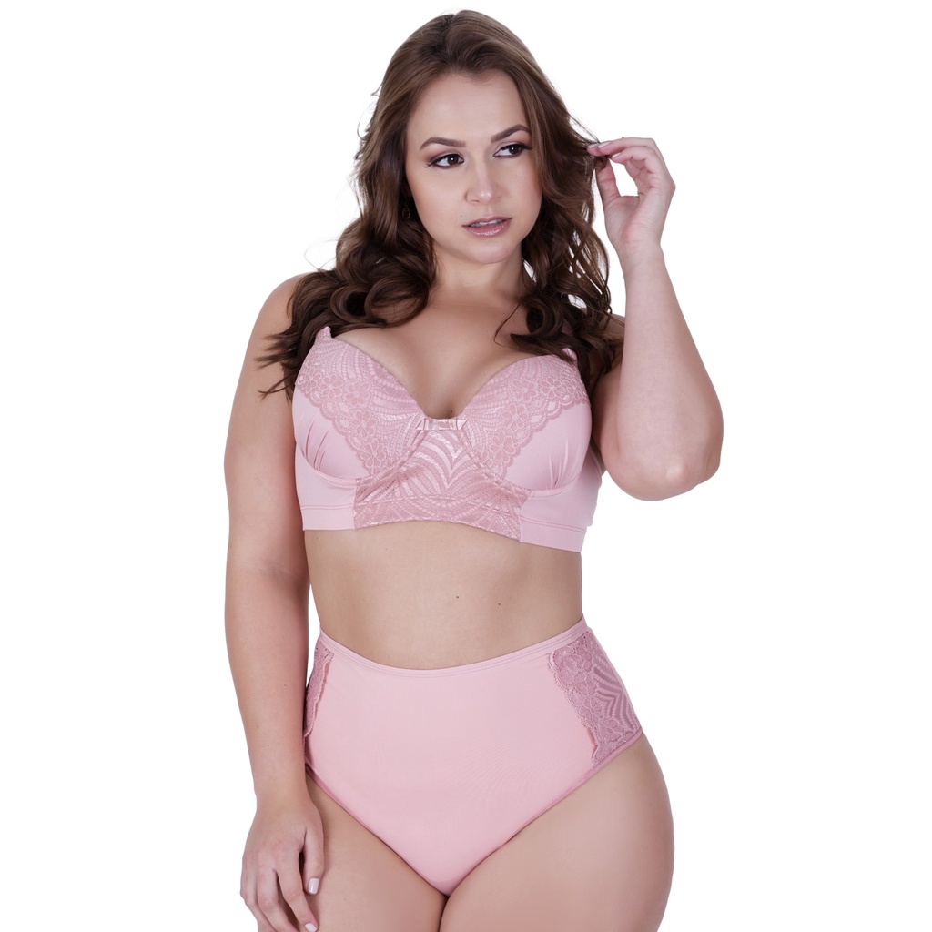 Conjunto Plus Size lingerie Cropped Alça Renda Preto Com Pink