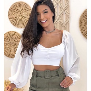 Cropped Manga Longa Bufante Tule Blusinha Princesa