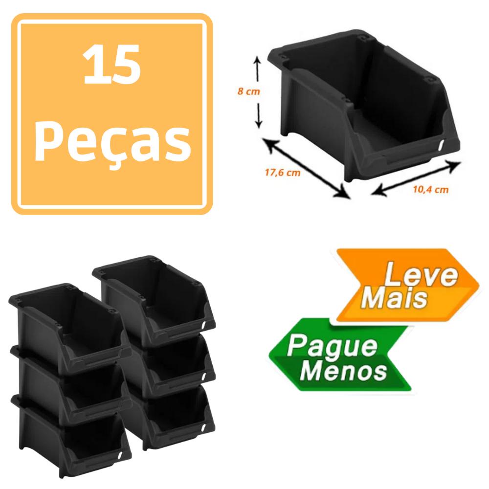 Gaveta Plastica Bin N3 Preta Empilhavel 15 Peças - Presto