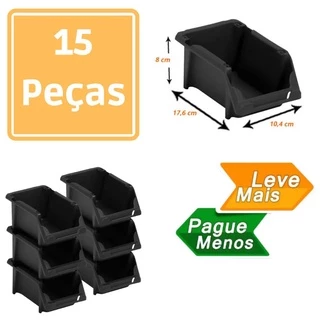 Gaveta Plastica Bin N3 Preta Empilhavel 15 Peças - Presto