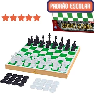 Jogo Xadrez Dama Escolar Oficial Tabuleiro Madeira Dobrável de mesa 2 em 1 Combo 2x1