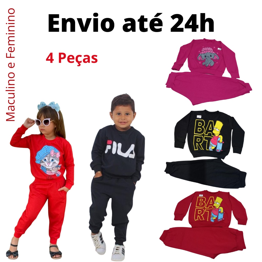 Kit 4 Peças Conjunto Infantil de Frio Casaco e Calça Moletom Inverno Roupa de Criança Menino e Menina