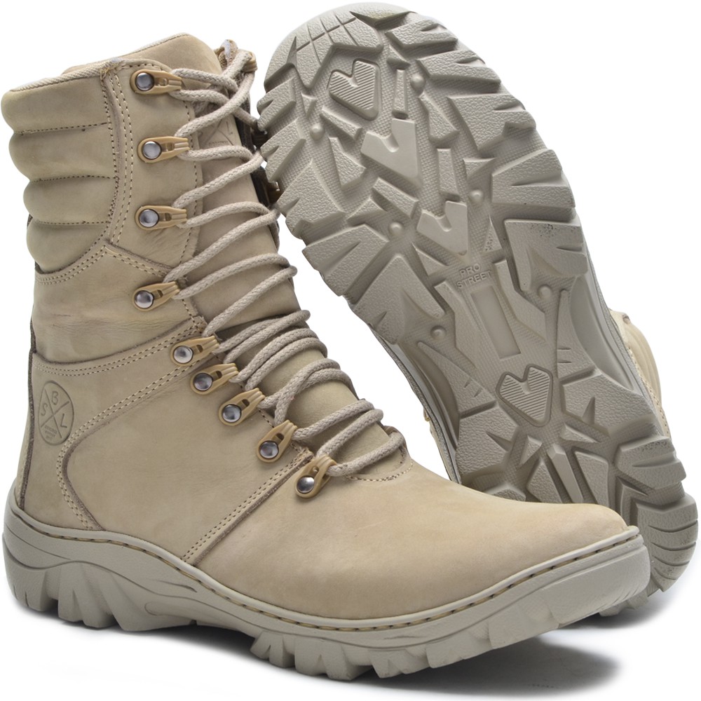 Bota Coturno Masculino SBL Couro Bovino Tática Militar Com Zíper e Palmilha Gel