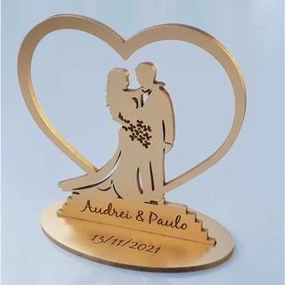 Topo de Bolo Dourado Casamento Personalizado Gravação Nome do Casal e Data