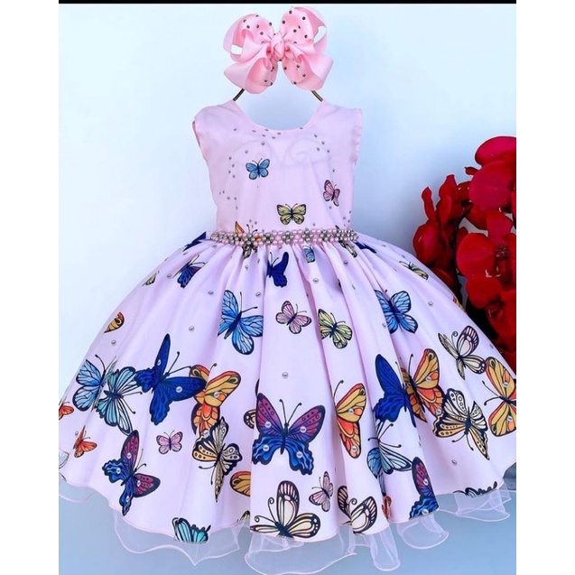 Vestido infantil Princesa Jardim Encantado Rosa c/ borboleta